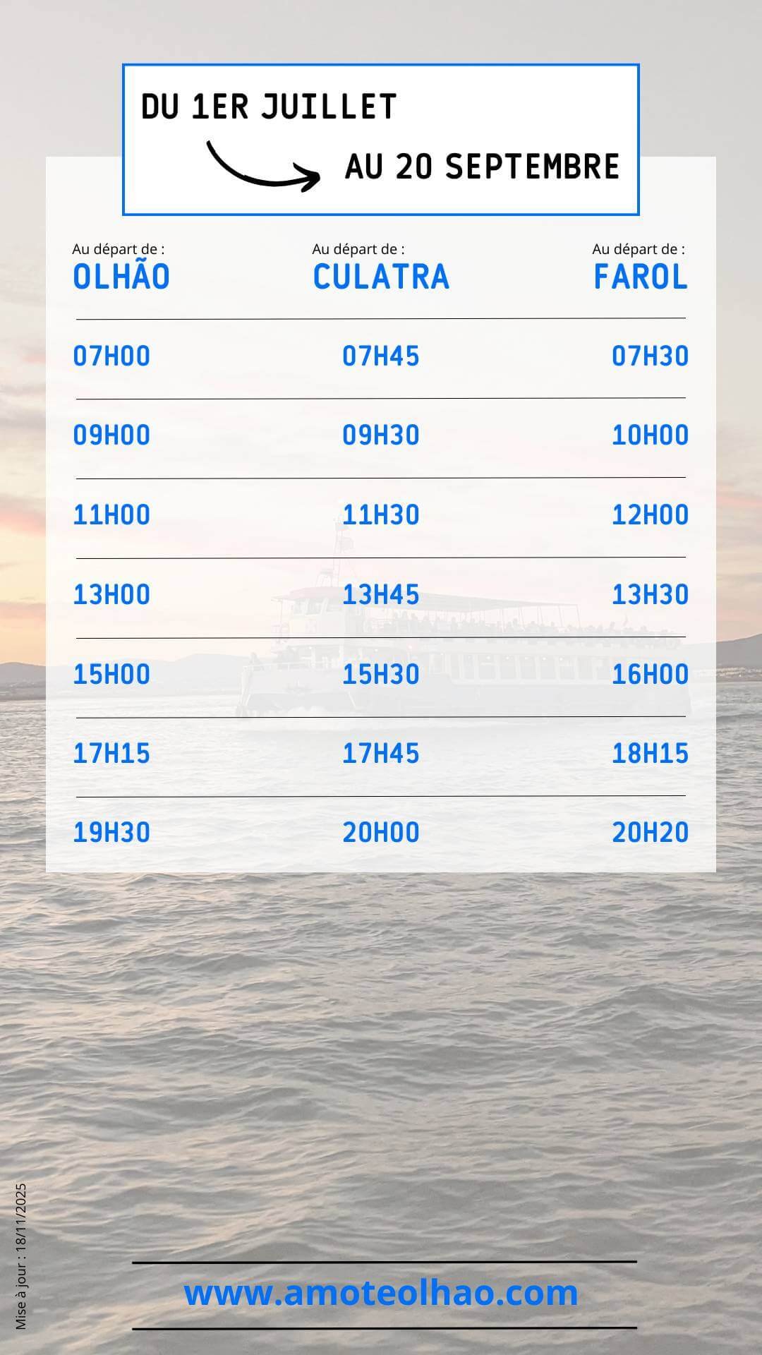 Horaires ferries Olhão Culatra Farol – 1 juillet au 20 septembre Horaires des ferries Olhão–Culatra–Farol du 1er juillet au 20 septembre – Amo-te Olhão.