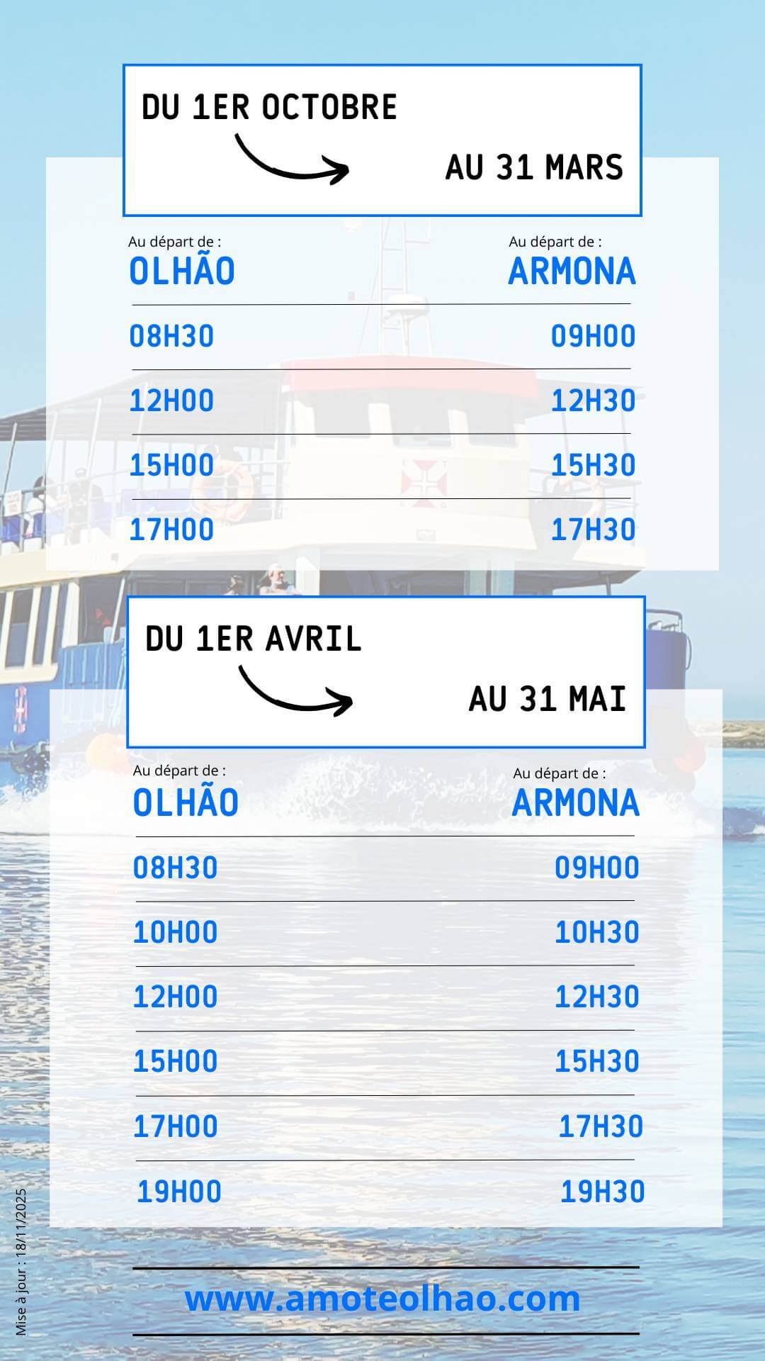 Horaires ferries Olhão Armona – 1 octobre au 31 mars & 1 avril au 31 mai Horaires des ferries entre Olhão et Armona du 1er octobre au 31 mars et du 1er avril au 31 mai – Amo-te Olhão.